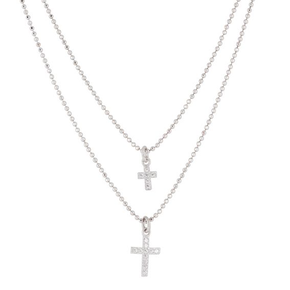 Bijou argent/plaqué or Collier double croix empierrée