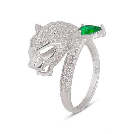 Bijou argent/plaqué or Panther ring with emerald stone