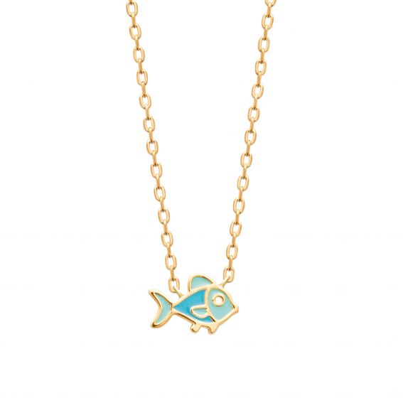 Bijou argent/plaqué or 18k gold plated blue enameled fish necklace
