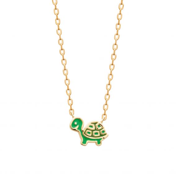 Bijou argent/plaqué or 18k gold plated green enameled turtle necklace