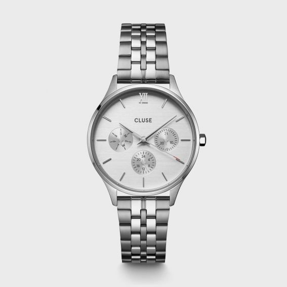 Cluse Minuit multifunctioneel horloge staal, volledig zilveren kleur