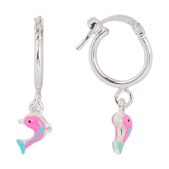 Bijou argent/plaqué or Children's pink enameled dolphin hoop earrings