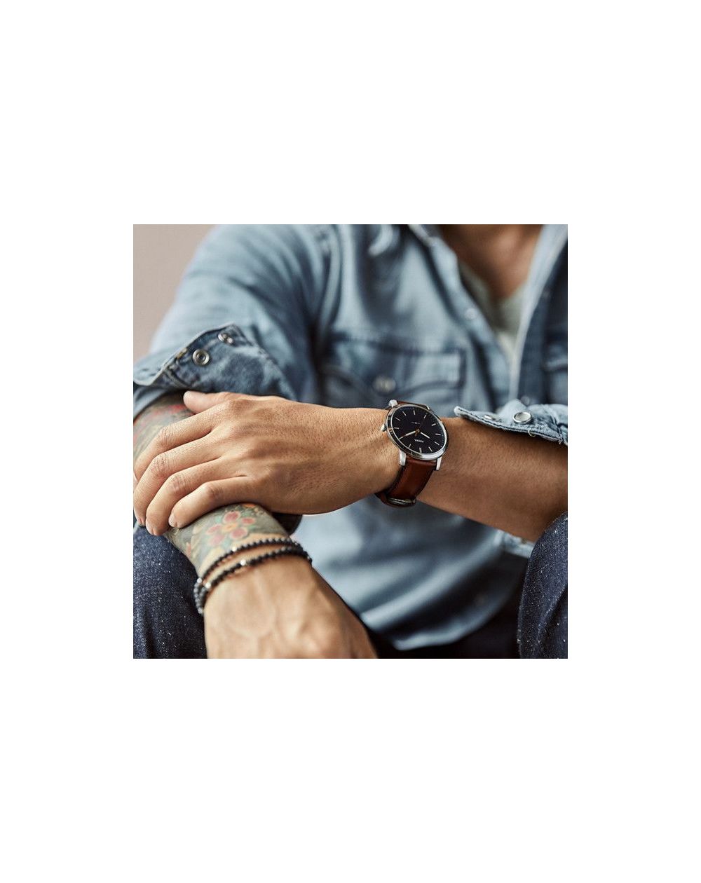 Montre La Minimaliste extra-plate à trois aiguilles en cuir brun clair - Montre  Fossil