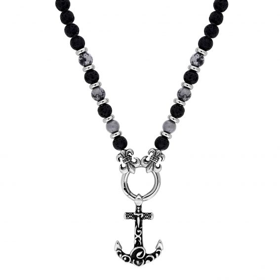 Bijou argent/plaqué or Blackened anchor necklace with obsidian and black lava beads