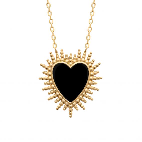 Bijou argent/plaqué or Collier plaqué en or 18k avec un coeur en agate noire
