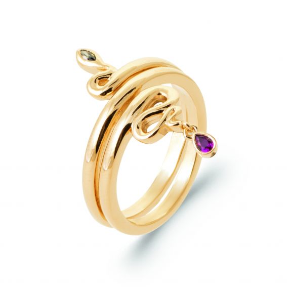 Bijou argent/plaqué or Snake ring colored stones 18k gold plated