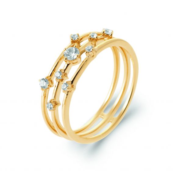 Bijou argent/plaqué or 3 row 18k gold plated stone ring