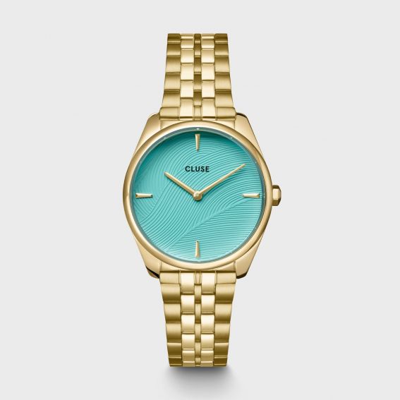 Cluse Cluse Féroce Petite Leaf Texture Poolblauw gouden horloge