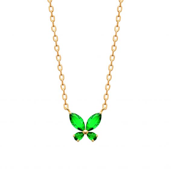 Bijou argent/plaqué or 18k gold plated emerald butterfly necklace