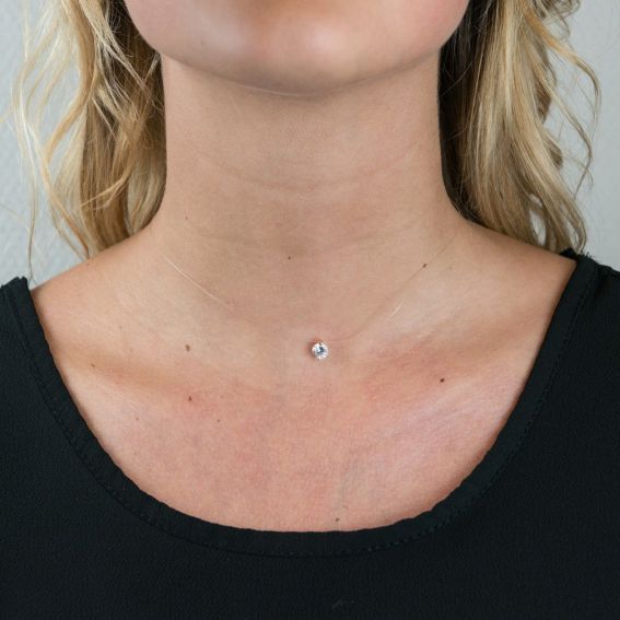Collier fil nylon argenté avec pierre zirconium - Bijoux en argent