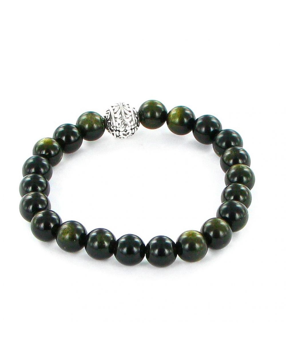 Bracelet obsidienne dorée en pierres naturelles et boule en argent 925