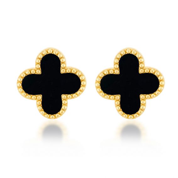 Bijoux or et personnalisé Tifanny clover stud earrings in black and 9 carat yellow gold