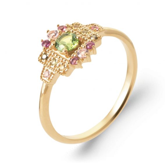 Bijou argent/plaqué or 18-karaats vergulde ring met meerdere kleuren en groene steen – Verfijnd ontwerp