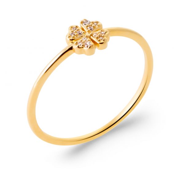 Bijou argent/plaqué or Geluksring met klavertje vier, verguld met 18 karaats goud en bezet met zirkonia – Gelukssieraden voor dames