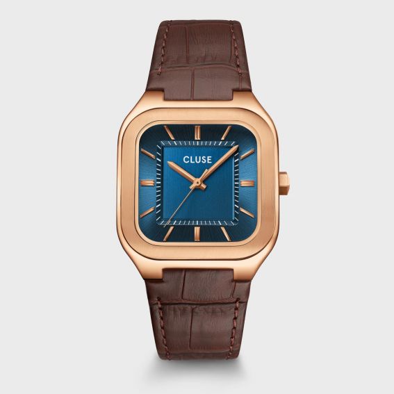 Cluse Quadrus Men's Watch – Brown Leather, Blue Dial & Rose Gold Case