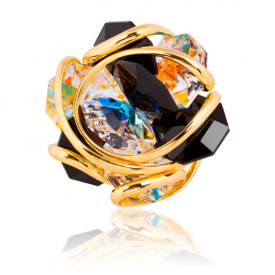 Andrea Marazzini Andrea Marazzini Flower F60 AB/Zwartgouden ring – zwarte en iriserende Swarovski-kristallen