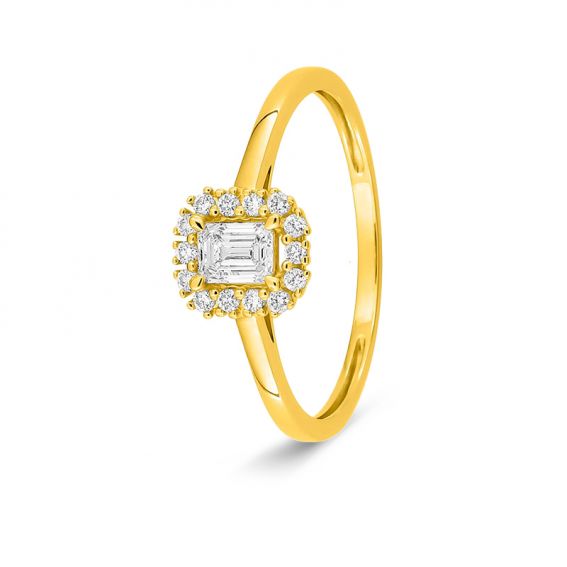 Halo ring in emerald-cut...