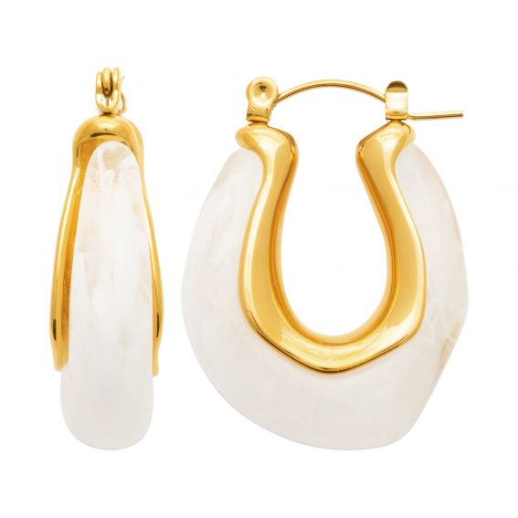 Bijou argent/plaqué or Boucles d’Oreilles Créoles Résine Blanche et Acier Doré – Créoles Épaisses Effet Nacré Moderne