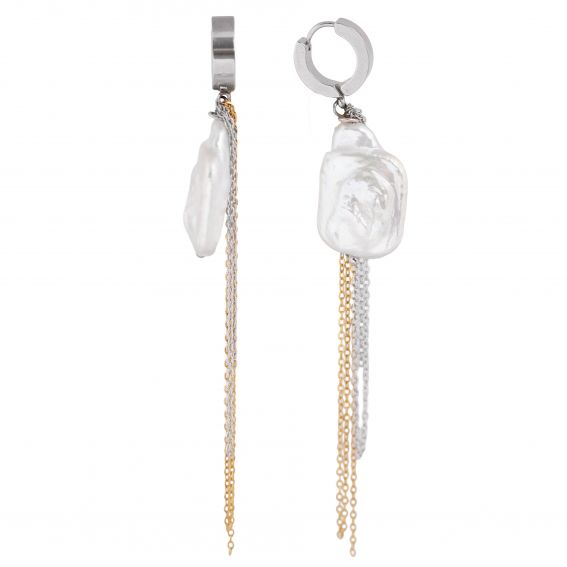 Mura Boucles d’oreilles créoles Glow silver-gold MURA – perles baroques & chainettes - acier inoxydable