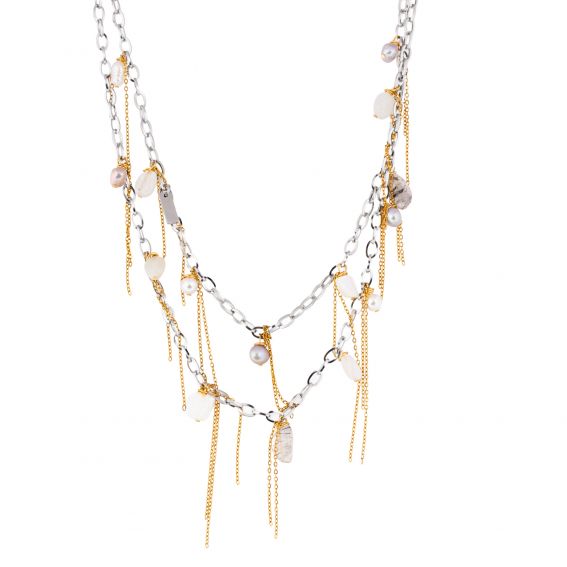 Mura MURA Mira two-tone stainless steel necklace – quartz, freshwater pearl & moonstone