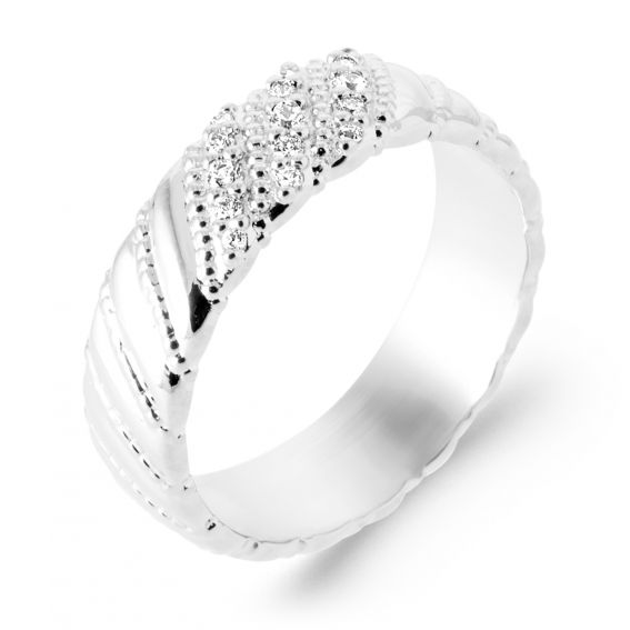 Bijou argent/plaqué or Bague argent 925 rhodié large pavée zirconium – bague femme relief texturé élégante