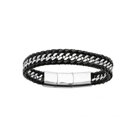 Bijou argent/plaqué or Nerios armband – roestvrij staal en zwart gevlochten leer