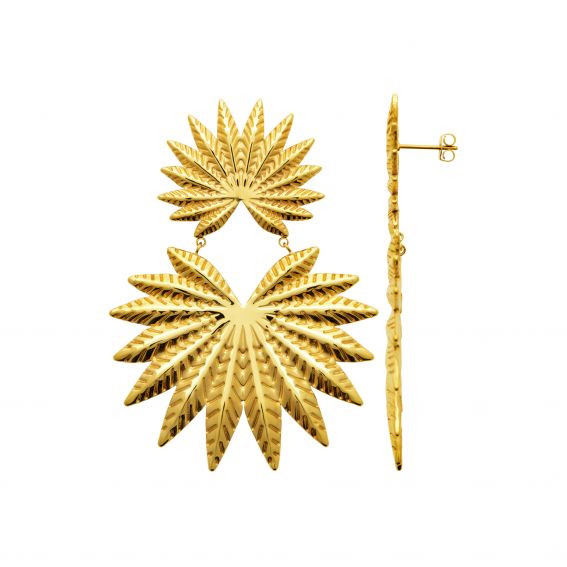 Bijou argent/plaqué or "Palma" Earrings – Double flower and gold-tone stainless steel leaves