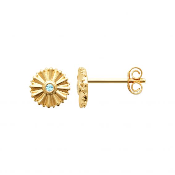 Bijou argent/plaqué or boucles d'oreilles médaillon soleil plaqué or 18 carats pierre bleue