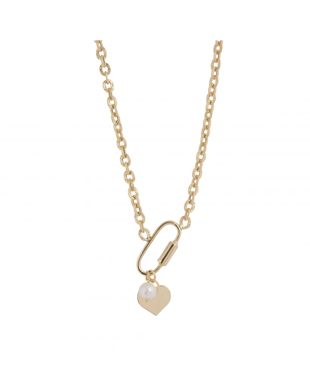 Collier mousqueton avec coeur et perle - Bijoux en argent pour femme