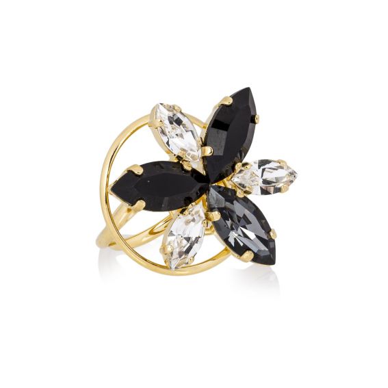Ring Swarovski Crystal Navette Black/White gold