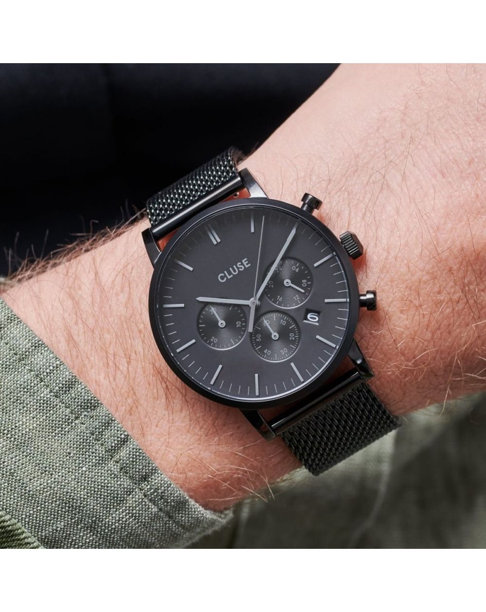 CLUSE horloge - Aravis Chrono Mesh volledig zwart