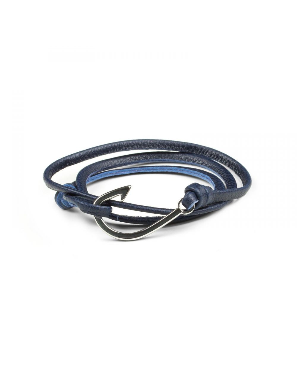 Bracelet hameçon argenté et cuir bleu marine