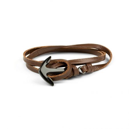 Bracelet ancre marine noire cuir brun