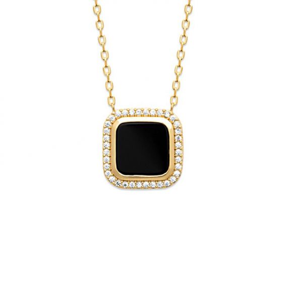 Collier carré Agate noire pour femme - Collier en plaqué or 18 carats